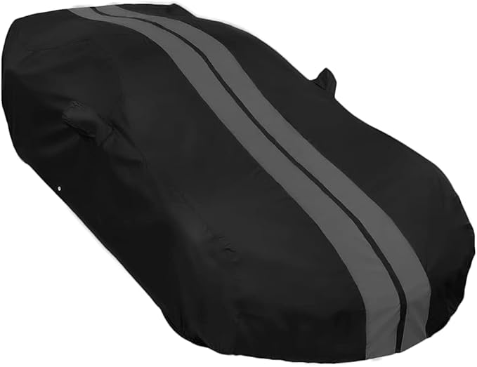 SR1 Performance USA C7 Corvette Car Cover - Custom Fit Indoor/Outdoor UV & Rain Protection - Ultraguard 300 Denier High End for 2014-2019 Stingray, Z51, Z06, Grand Sport (Black with Gray Stripes)