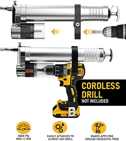 Electric Grease Gun Drill Adapter with 14 OZ Load, Locking Grease Gun Coupler, 12 Inch High Pressure Hose, Extension Rigid Pipe, Pneumatic Tool, Universal Conversion Gun Head