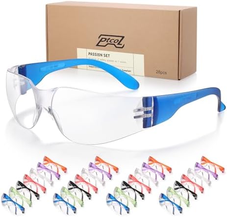 28 Pack Safety Glasses in 7 Colors (Bulk Pack of 24+4) Unisex Clear Anti-Scratch Protective Goggles Impact Resistant Lens Eyewear with ANSI Z87.1 EN166 for Construction, Shooting and Laboratory