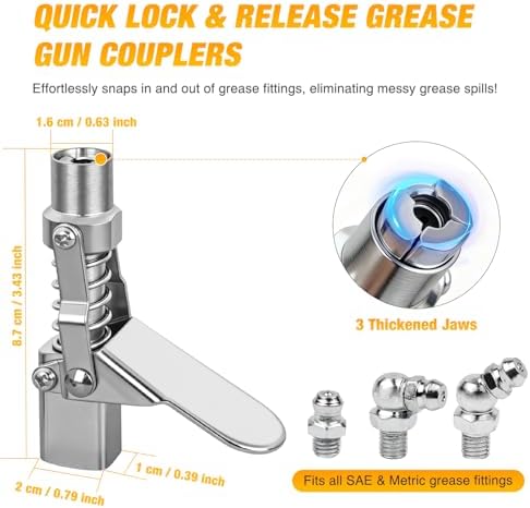 GOOACC Grease Gun Coupler, 12000 PSI High Pressure Quick Lock Grease Gun Tips 3-Jaws Compatible with 1/8" NPT SAE & Metric Zerk Grease Gun Fittings Single Handle Grease Coupler for Easy Lubrication