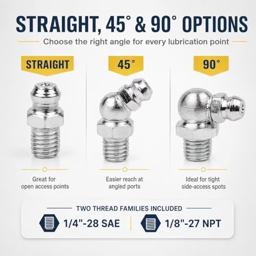 AKEOIL 60Pcs SAE & NPT Grease Fittings Kit, 1/4"-28 and 1/8"-27 Grease Zerk Fittings Assortment, Straight 45° 90° Grease Nipples with Storage Case for Automotive, Tractors and Machinery
