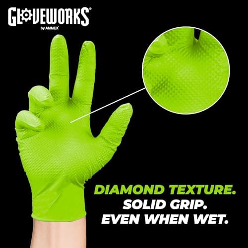 GLOVEWORKS HD Green Gloves, 8 Mil, Disposable, Heavy Duty Raised Diamond Grip, Latex Free, Mechanic Glove, XL, 2 Cases of 1000