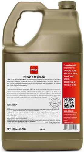 ENEOS 0W-20 Fully Synthetic Motor Oil, API SQ, dexos1 Gen3, 5 Qt