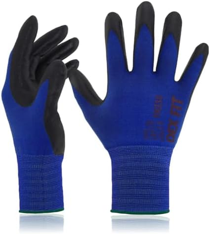 DEX FIT Nitrile Work Gloves FN330, 3D Comfort Fit, Touchscreen Grip Gloves for Warehouse, Construction, Package Handling, Delivery & General Work, Men & Women, Blue, M, 3 Pairs