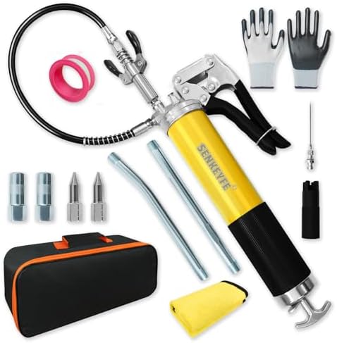 14oz Capacity Versatile Grease Gun Kit,7000 PSI Leak-Proof Spray Grease Gun,18" Spring Hose,Double Handle Nozzle,Coupler,Teflon Tape and Other Accessories,Auto,Marine,Industry,15 Pcs Yellow