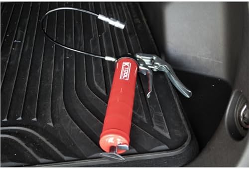 K Tool International 73933 Pistol Grip Grease Gun for Garages, Repair Shops, and DIY, 5,000 lbs. Capacity, Die-cast Aluminum Head, 14oz Bulk or Suction Fill, 3-Way Loading, 18" Flexible Hose, Red