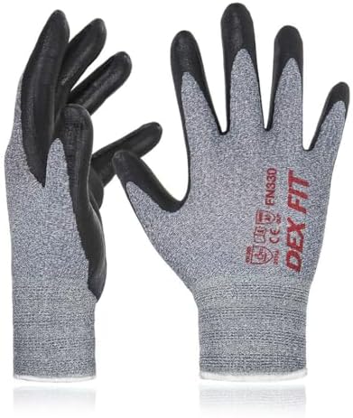 DEX FIT Nitrile Work Gloves FN330, 1 Pair, 3D-Comfort Stretchy Fit, Firm Grip, Thin & Lightweight, Touch-Screen Compatible, Durable, Breathable & Cool, Machine Washable; Grey S (7)