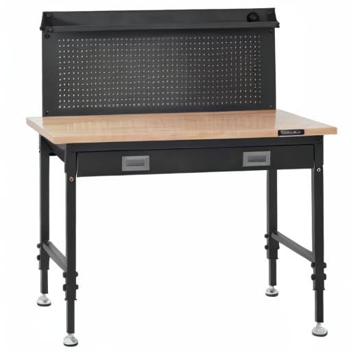 VEVOR Workbench Adjustable Height 28-39.5'' Work Bench for Garage Oak Plank & Carbon Steel Heavy Duty Workbench 2000lbs Weight Capacity top Size 48x24 Hardwood Workbench 3m Cable 30 Hooks, Black