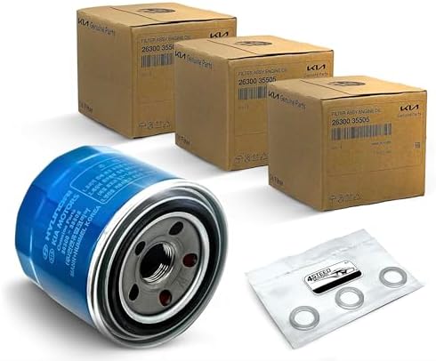 Set of 3 Genuine OEM Engine Oil Filter 26300-35505-ST and Drain Plug Gasket 21513-23001 fit for Hyundai, Kia
