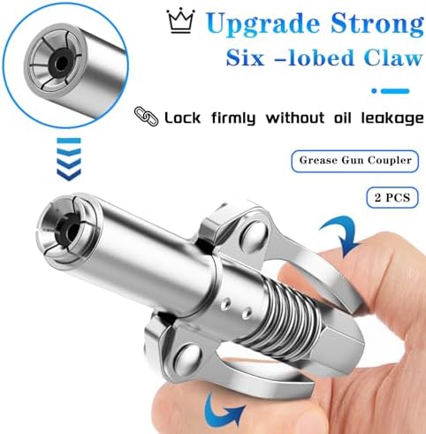 Grease Gun Coupler Quick Lock and Release Lube Grease Gun Tip 2PCS+12''Grease Gun Tube+9PCS Grease Nipple Nozzle Ends Kit M6-M10 Compatible with All Grease Guns 1/8" Npt 10000PSI