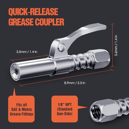 TRILINK Grease Gun Coupler 2-Pack, Quick Release Grease Gun Tips with One-Hand Operation, 6-Jaw Locking, Grease Gun Adapter Fits 1/8" NPT Thread, SAE & Metric Zerk Fittings