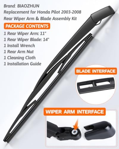 Rear Wiper Arm Blade Assembly, Replacement for Honda Pilot 2003–2008 | Back Windshield Wiper Blade Arm Set, With Rear Window Wiper Arm Nut Cap Cover Accessories | OEM-Style Precision