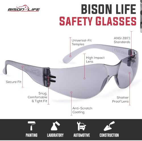 BISON LIFE Gray Safety Glasses for Men & Women, ANSI Z87.1, 6 Pack