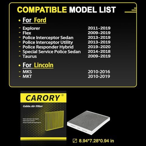 CARORY Cabin Air Filter w/Activated Carbon for Ford Explorer 2011-2019, Flex 2009-2019, Taurus 2009-2019, Police Responder Hybrid 2019-2020, Lincoln MKS 2010-2016, MKT 2010-2019, and More, CF176
