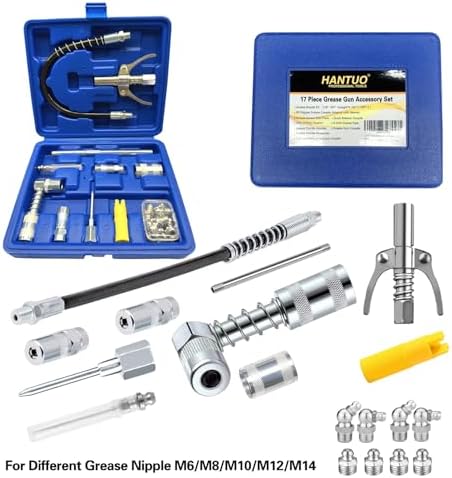 17 Piece Grease Gun Accessory Kit, Quick Connect Grease Coupler Set with 90° Adapter, 12 Inch Spring Flex Hose, Grease Zerk Fittings & Cleaning Tool, Universal for 1/8" NPT Grease Guns