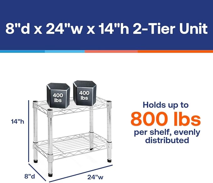 Shelving Inc. 8" d x 24" w Chrome Wire Shelving with 2 Tier Shelves, Weight Capacity 800lbs Per Shelf
