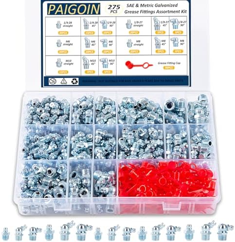 275PCS SAE & Metric Grease Fitting Assortment with Caps, Hydraulic Galvanized Zerk Fittings 1/4" 1/8" M6 M8 M10 Straight 45 90 Degree Grease Zerk Kit