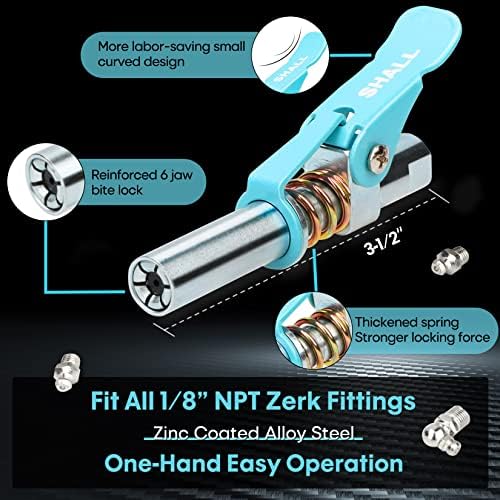 SHALL Grease Gun Coupler 2Pcs, Quick Release & Strong Locking Grease Gun Couplers w/Grease Fittings Cleaner, 10000 PSI High Pressure Grease Gun Tips, Fit All Grease Guns 1/8" NPT Grease Fittings