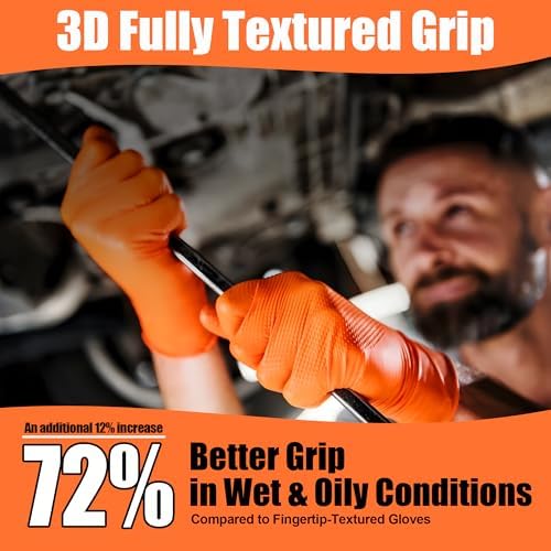 TREEGO 10 Mil Orange Nitrile Mechanic Gloves, Diamond Grip, 1000 Count M