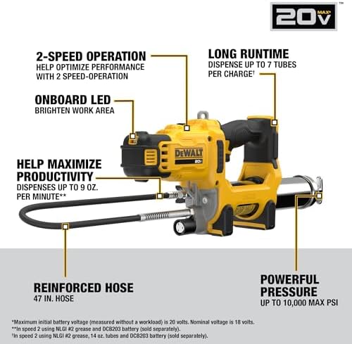DEWALT Grease Gun 20V MAX Cordless 10,000 PSI Variable 2-Speed Electric Grease Gun with 47 Inch Hose and LED Light, Up to 9 oz per Minute and 7 Tubes per Charge, Tool Only (DCGG581B)
