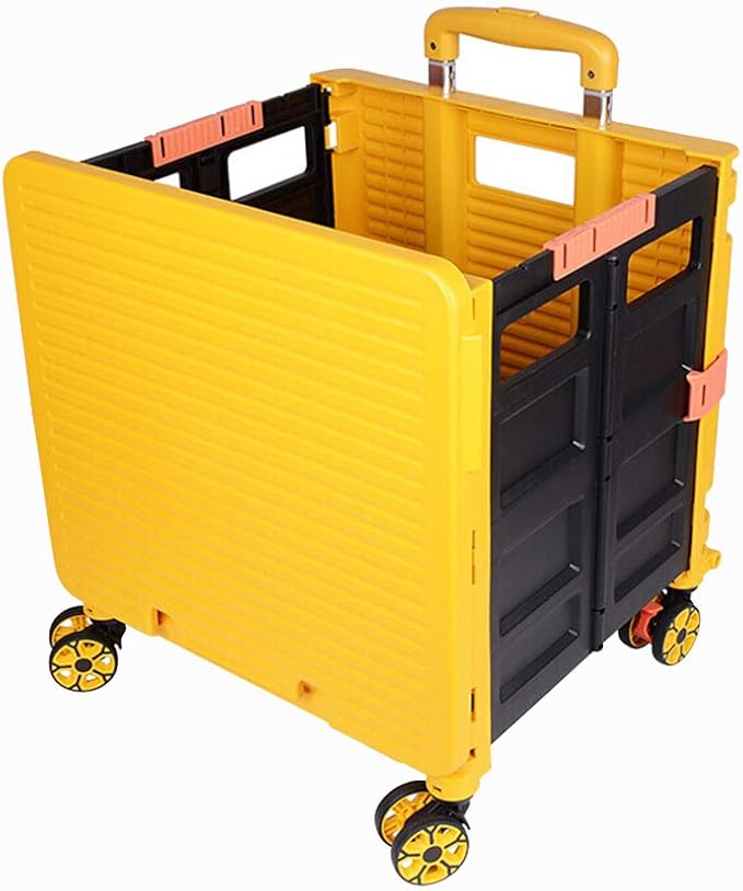 Foldable Utility Cart Folding Portable Rolling Crate Handcart Shopping Trolley Wheel Box with Lid Wear-Resistant Noiseless 360°Rotate Wheel for Travel Shopping Moving Storage Office Use (Yellow)