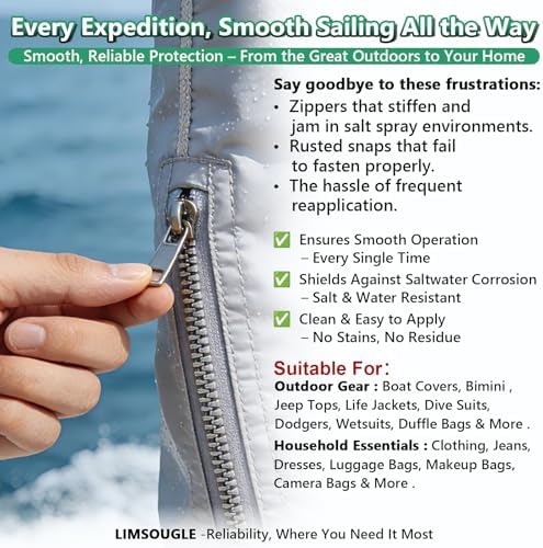 Zipper Lubricant for Plastic & Metal - Non-Staining Lube Silicone Grease for Zippers on Clothing, Wetsuits, Boat Covers, Dresses & More, Marine-Grade with Applicator Brush, 2.1 oz