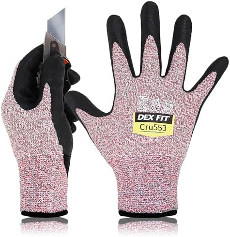 DEX FIT Level 5 Cut Resistant Gloves Cru553, 3D-Comfort Fit, Firm Grip, Thin & Lightweight, Touch-Screen Compatible, Durable, Breathable & Cool, Machine Washable; Red XL (10) 1 Pair
