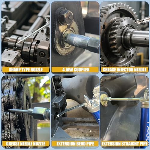Grease Gun Kit 8000 PSI Heavy Duty 14 OZ Pistol Grip Grease Guns with 19" & 28" Spring Flex Hose,Quick Release Coupler,90 Degree Adapter,2 Needle Tips,2 Nozzles,2 Extension Tubes