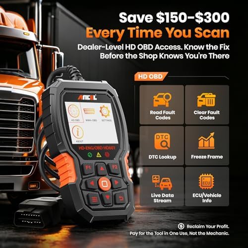 ANCEL New HD601 Heavy Duty Truck Scanner, Diesel Full System Diagnostic Scan Tool Fits for Cummins, Detroit, Volvo, Paccar & Caterpillar, 2 in 1 HDOBD & OBD2 Code Reader for Commercial Vehicles & Cars