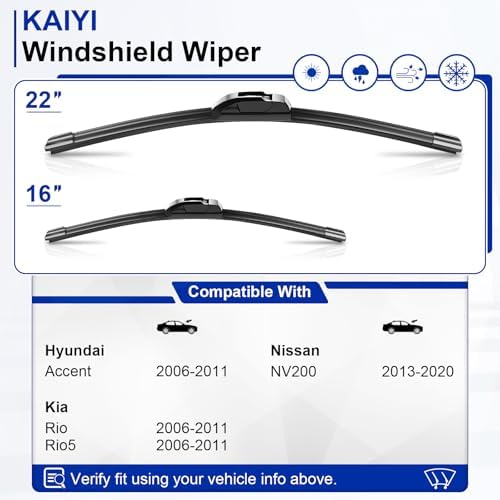 KAIYI 22" + 16" Windshield Wipers Compatible with Hyundai Accent 2006-2011,Kia Rio/Rio5 2006-2011,Nissan NV200 2013-2020 Premium Automotive Replacement Windshield Wiper Blades 2 Pack