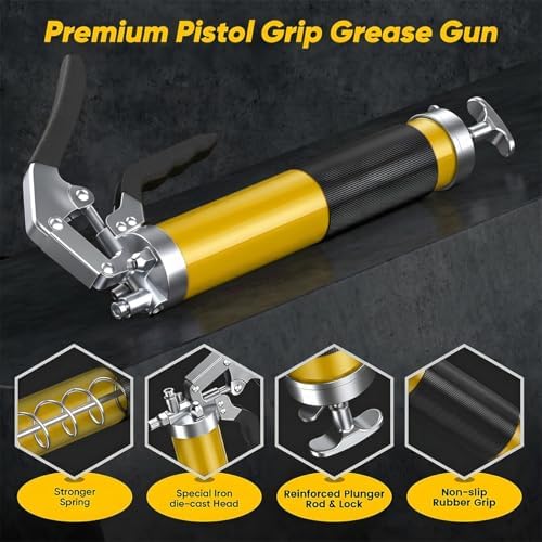 Car Grease Gun, 6000PSI Heavy-Duty Vehicle Pistol Grip Grease Gun Tool Kit, Greasing Kit with 12" Flex Reinforced Hose & Basic Couplers Extension Rigid Pipe, Universal Fit (Yellow)