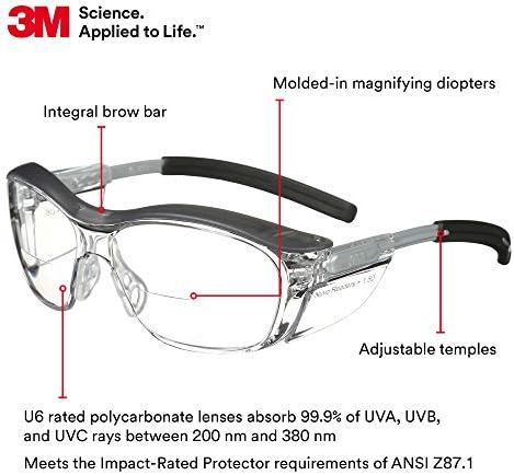 3M Safety Glasses with Readers, +1.5 Diopter, Clear Lens, Gray Frame