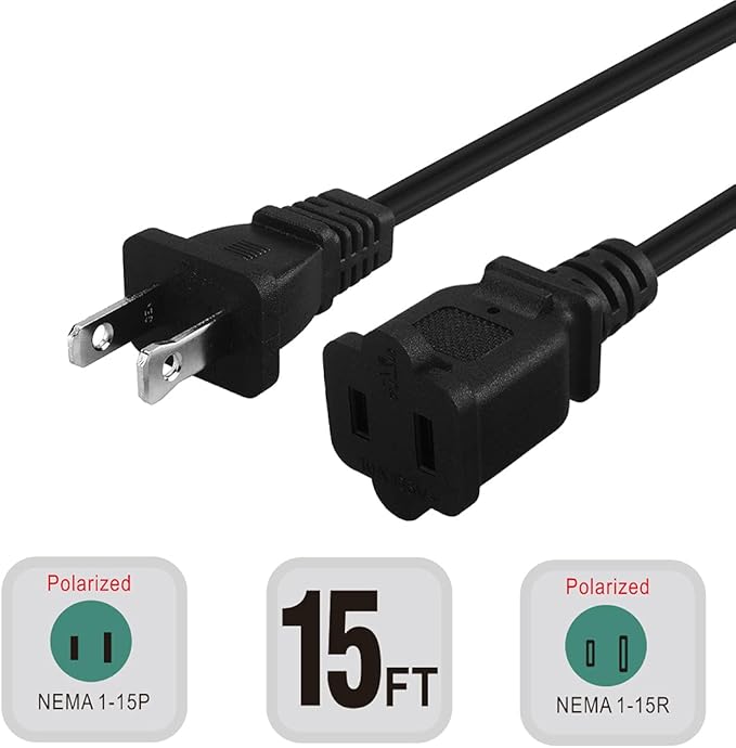 15-Feet Long Polarized US 2-Prong Male-Female Extension Power Cord Cable, 16AWG 2 Outlet Extension Cable Cord US AC 2-Prong Male/Female Power cable10A/125V, Nema 1-15P to 1-15R Cable Polarized