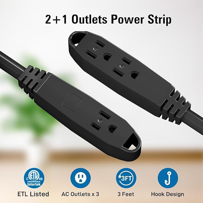 K KASONIC - 3-Feet 3 Outlet Extension Cord, UL Listed, 16/3 SJTW 3-Wire Grounded, 13 Amp 125 V 1625 Watts, Multi-Outlet Indoor/Outdoor Use, Black