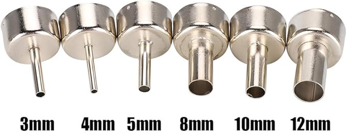 6pcs Hot Air Gun Nozzle 858 Heat Gun SMD Rework Station Accessory 3/4/5/8/10/12mm,Hot Air Gun Nozzle Satisfy Various Soldering and Repair Requirement.