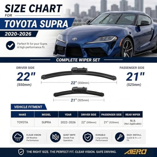 AERO Wipers OEM Replacement for Toyota Supra 2020 2021 2022 203 2024 2025 2026, 22”+21” Front, Windshield Wiper Blades with Extra Squeegee Refills + 1-Year Warranty (Set of 2)