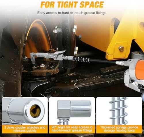 GOOACC Grease Gun Coupler Set Quick Locking Grease Coupler 90 Degree Grease Tips 12" Spring Flexible Hose & Cleaning Tool Compatible with 1/8" NPT Grease Gun Fitting & SAE Metric Zerk Fittings 4 PCS