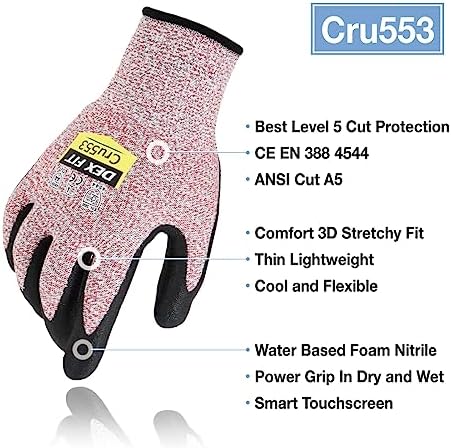 DEX FIT Level 5 Cut Resistant Gloves Cru553 Anti-Static, 3D Comfort Fit A5 Safety Work Gloves with Grip, Thin Touchscreen Gloves for Warehouse, Package Handling, Red, L, 1 Pair