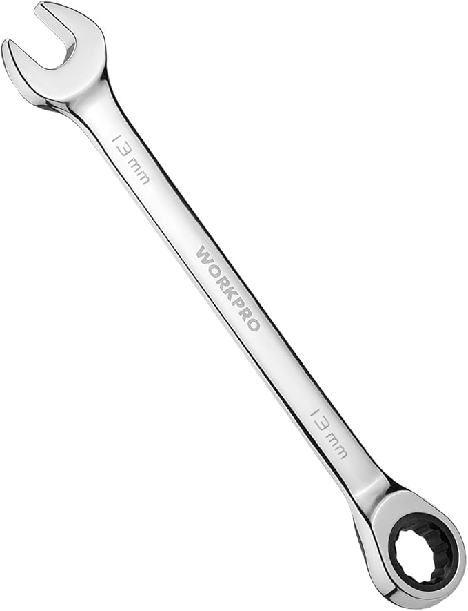 WORKPRO 13 mm Ratcheting Combination Wrench Metric, CR-V Constructed with Mirror Polish Chrome Plating, 12-Point Design, 15-Degree Offset