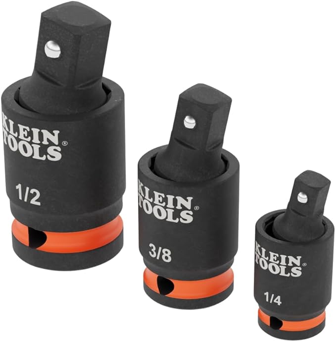 Klein Tools 65843SW Impact Wrench Swivel Socket Adapter Set, 3-Piece, 15-Degree Pivot, 1/4-Inch, 3/8-Inch,1/2-Inch Square Drive, Fixed-Position and Swivel, Impact Wrench to Socket Extensions