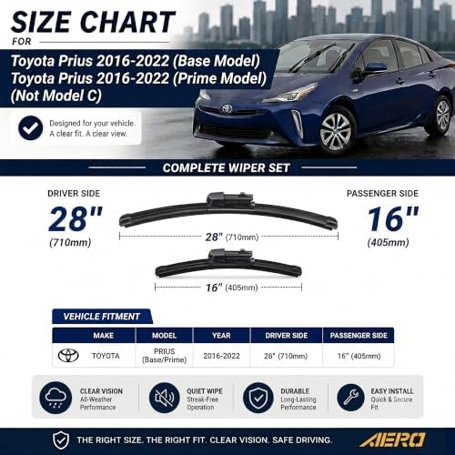 AERO Avenger 28"+16" Premium All-Season Windshield Wiper Blades with Extra Refills OEM Replacement for Toyota Prius 2021-2017 (Set of 2)