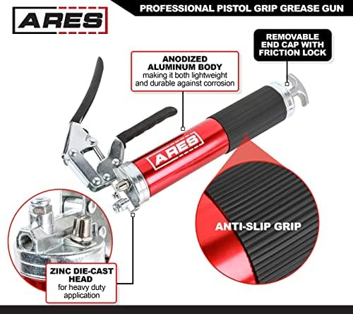 ARES 53015 – Professional Pistol Grip Grease Gun – Includes 18-Inch Flex Hose with Spring Guard and 6-Inch Offset Extension – 4500 PSI Working Pressure Rating