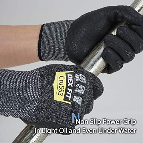 DEX FIT Level 5 Cut Resistant Gloves Cru553 Anti-Static, 3D Comfort Fit A5 Safety Work Gloves with Grip, Thin Touchscreen Gloves for Warehouse, Package Handling, Glass Handling, BlackGray, S, 1 Pair