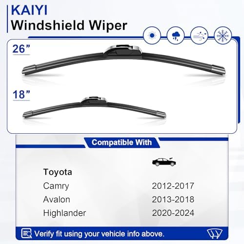 KAIYI 26" + 18" Windshield Wipers Compatible with Toyota Camry 2012-2017,Avalon 2013-2018,Highlander 2020-2024 Premium Automotive Replacement Windshield Wiper Blades 2 Pack