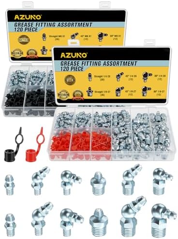 AZUNO Grease Fittings Assortment, 240 Pcs SAE & Metric Grease Nipples NPT 1/4" 1/8" M6 M10, Straight 45 90 Degree Grease Zerk Fittings with Caps for Grease Gun