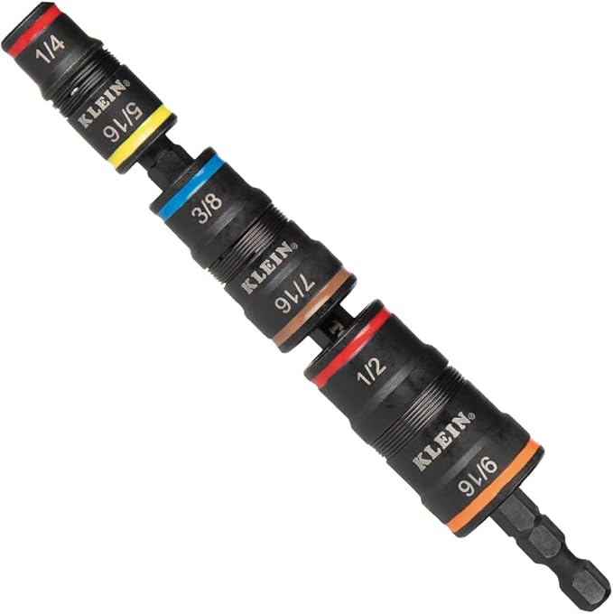 Klein Tools 66070 Impact Socket Set, Impact Driver Flip Socket, Five Sockets & 32933 Impact Driver, 7-in-1 Impact Flip Socket Set, 6 Hex Driver Sizes