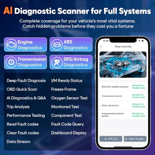 OBD2 Scanner Bluetooth No Subscription with AI, ABS SRS ENG Transmission