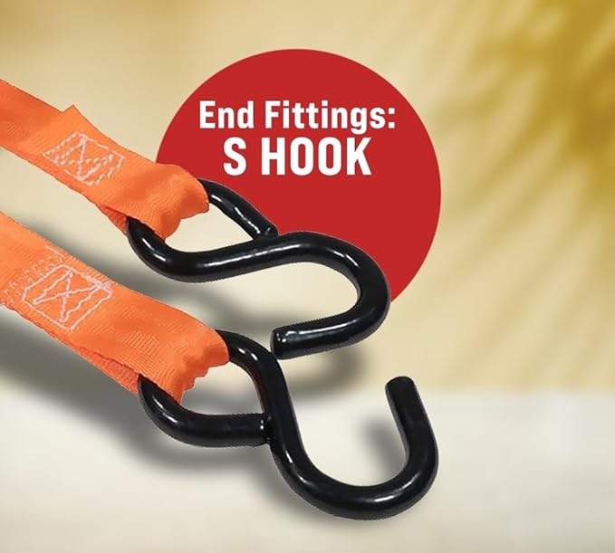 Mytee Products 8 Pack Orange Auto Retract NO-RATCHETING Ratchet Straps | 1" x 12' Retractable Ratchet Straps with Zinc Coated S Hook Tiedowns for Motorcycles, ATVs, Bikes, Trailer Tie-Down
