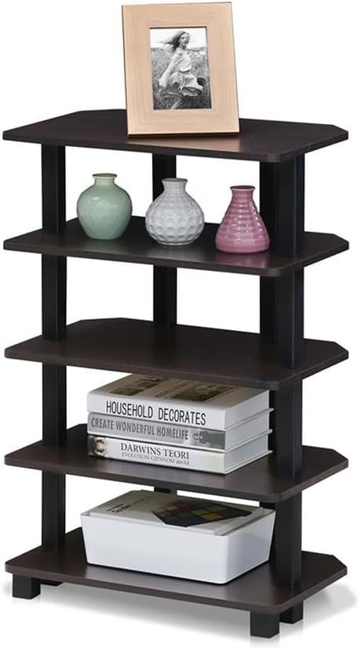 Furinno Turn-N-Tube Storage Shelves, 5-Tier Book Shelf, Corner Shelf, Toolless Open Shelves, for Organization and Storage, Living Room, Garage, Home Office, Espresso