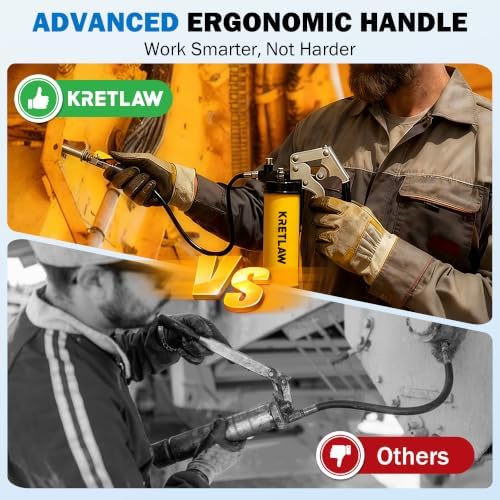 KRETLAW Grease Gun, 7000 PSI Heavy Duty Professional Pistol Grip Grease Gun Kit 14 OZ with Coupler, Double Grease Injector Needles, 18" & 2pc 12" Flex Hoses and Reinforced Glove, Yellow